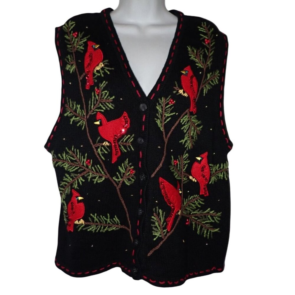 Vintage White‎ Stag Sweater Vest Cardinal Holiday Women 16W Black Cottagecore